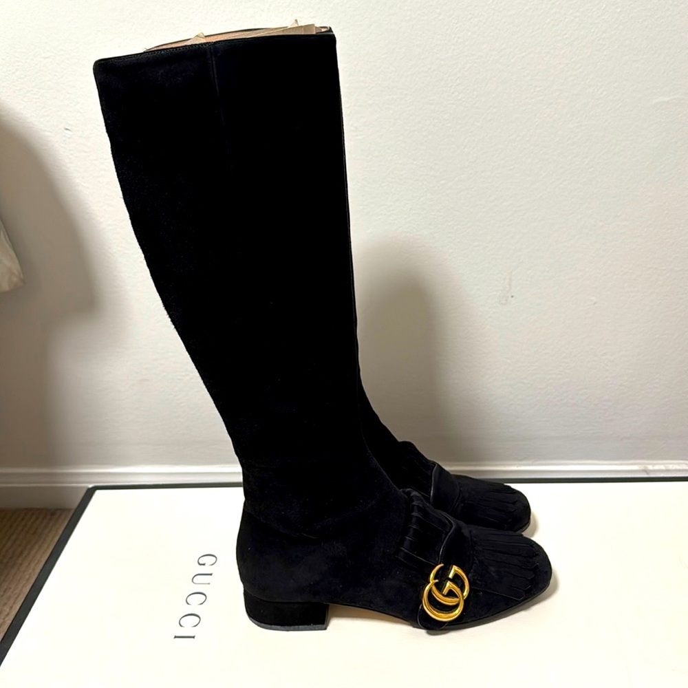 Gucci Marmont knee-high suede boots with buckle